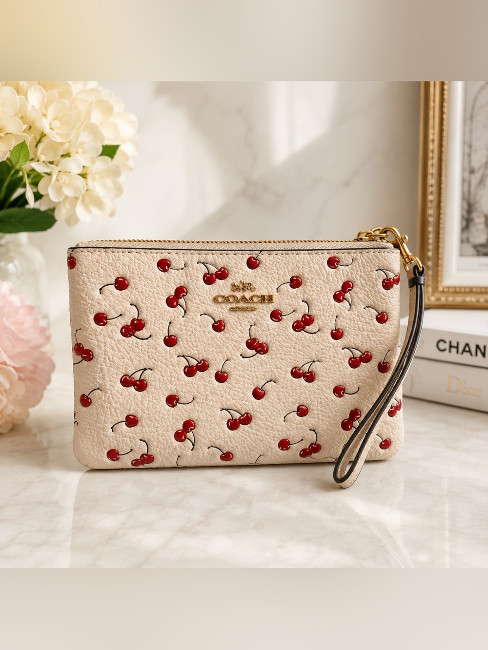 Coach Cherry-Print Wristlet in Cream and Red NWT